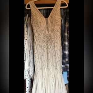 beige beaded formal prom dress